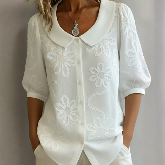 CECILIA – Blusa Donna con Colletto Peter Pan e Ricami Floreali