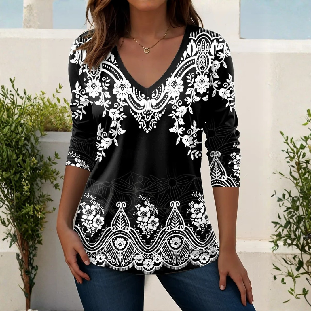 FEDERICA – T-Shirt Donna Manica Lunga con Stampa Paisley Psichedelica