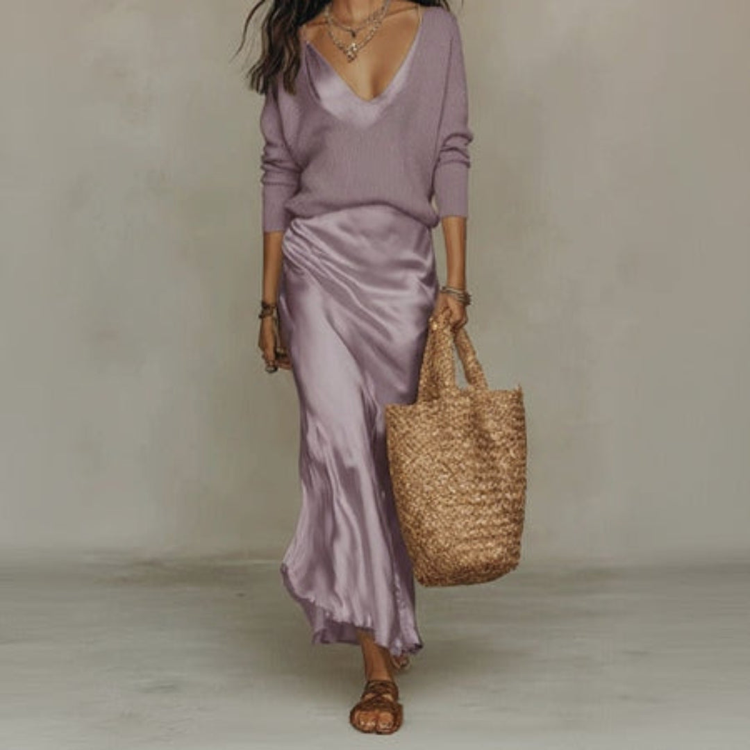 ANTONELLA – Abito Midi Satinato con Maglione Incluso