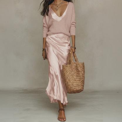 ANTONELLA – Abito Midi Satinato con Maglione Incluso