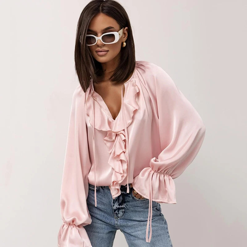 COMO – Blusa Donna in Raso con Volant