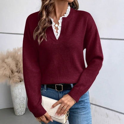 BRINDISI – Maglione Donna con Scollo a V e Dettaglio in Pizzo
